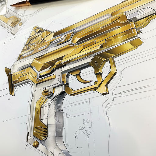 Art deco inspired gun tattoo design, elegant lines, metallic gold and silver shades
