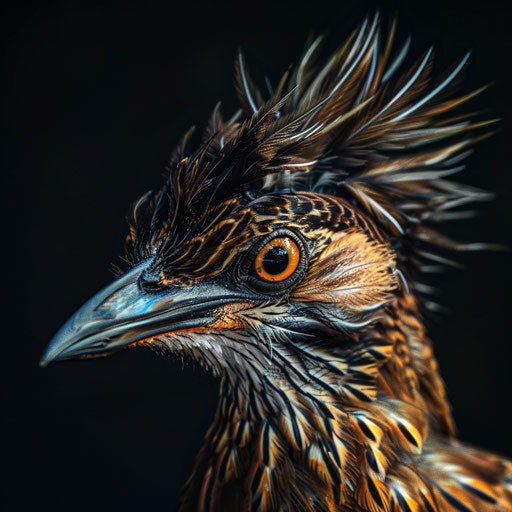 Expressive close-up portrait of a roadrunner bird with detailed feathers