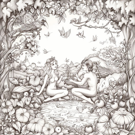 Adam and Eve picnicking in the Garden of Eden
