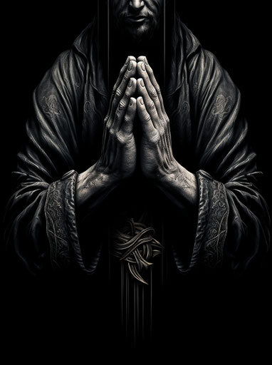 Black tattoo hand praying on black background, textured realism style, slumped/draped 43:58