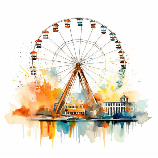 Impressionistic art style ferris wheel clipart on white background