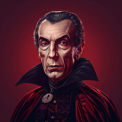 Realistic Dracula illustration on a rich burgundy background
