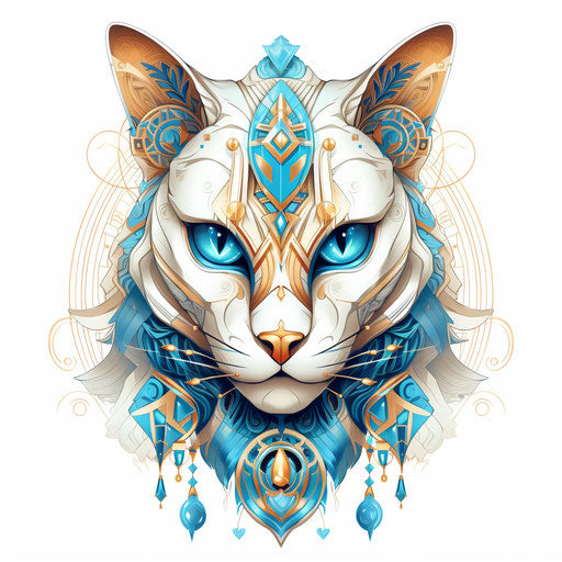 Sapphire cat head portrait tattoo, Egyptian style