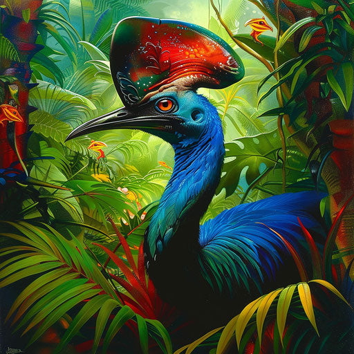 Cassowary among lush greenery, vibrant and colorful