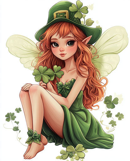 Irish fairy with leprechaun hat and four-leaf clovers