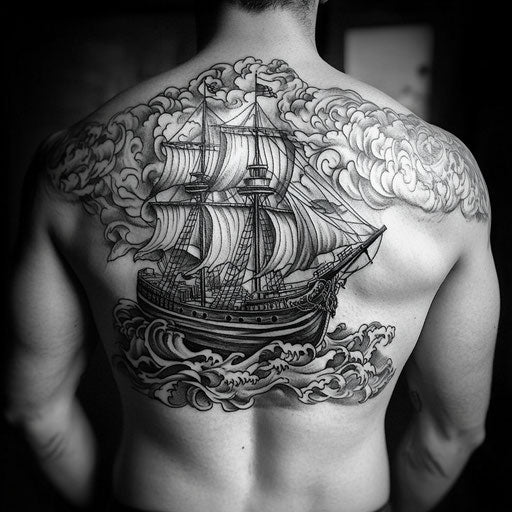 Family tattoos for men, a ship sailing through stormy seas with family names on the sails