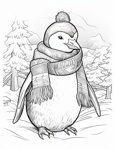 Winter penguin coloring page with a scarf