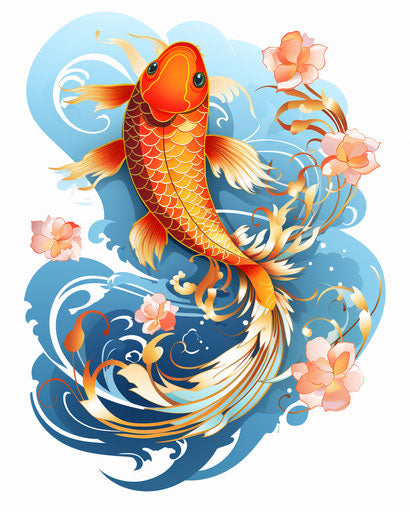 Koi fish tattoo drawing on white background, animated mosaics, birds & flowers