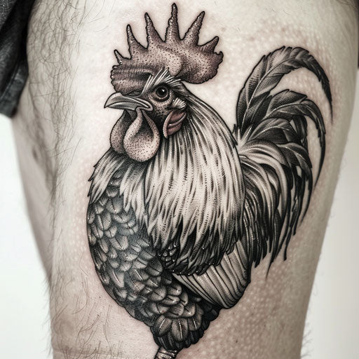 Realistic black and gray rooster tattoo on white background