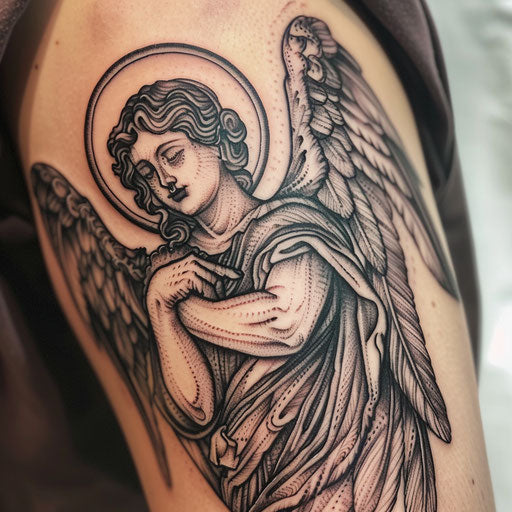 Vintage-style guardian angel tattoo inspired by classic religious art
