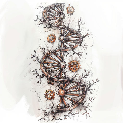 Steampunk DNA tattoo sketch with gears and bronze