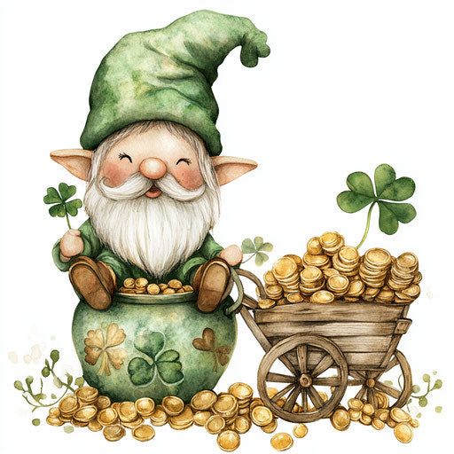 Cute gnome on pot of gold with four-leaf clover