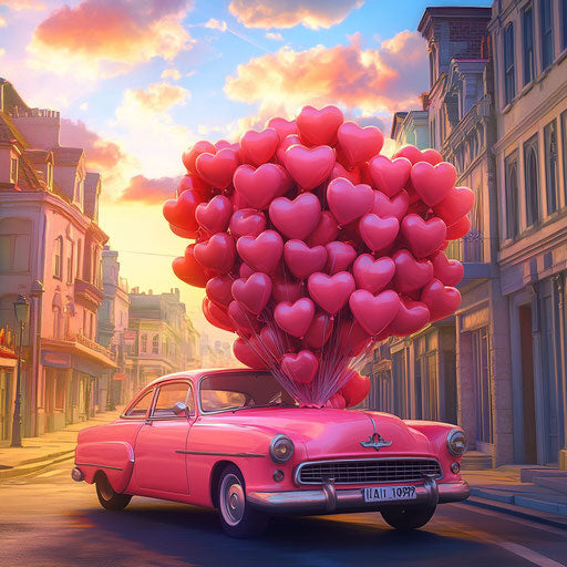 Pink car full of heart-shaped balloons, Valentine's Day vibe