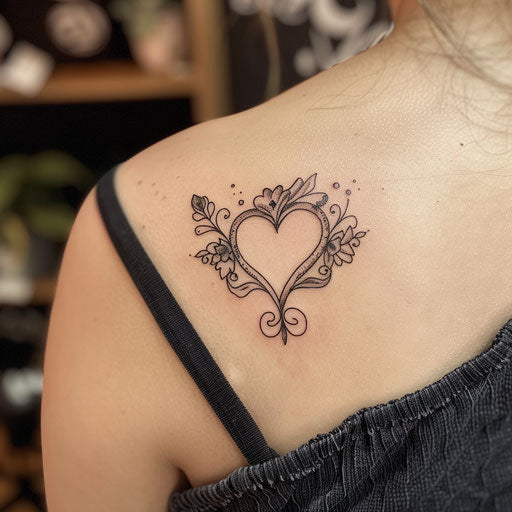 Simple tattoo of a heart, in the style of Ed Hardy, on the shoulder