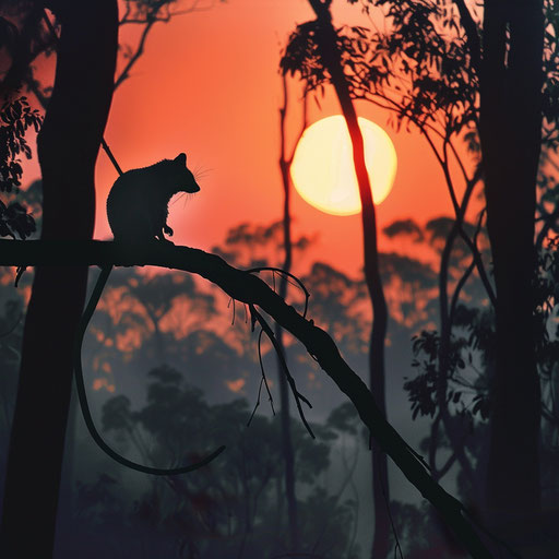 White-tail possum silhouette at sunset