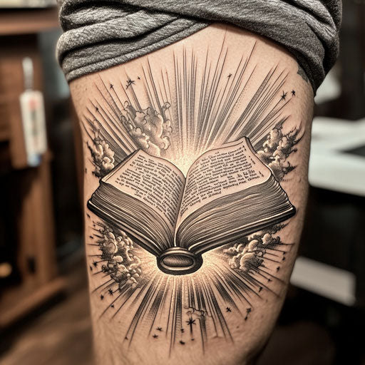 Christian tattoos for men with open Bible and rays of light