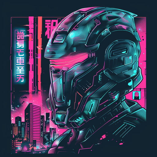 Sketch a cyberpunk spartan helmet tattoo with neon signs and futuristic cityscapes