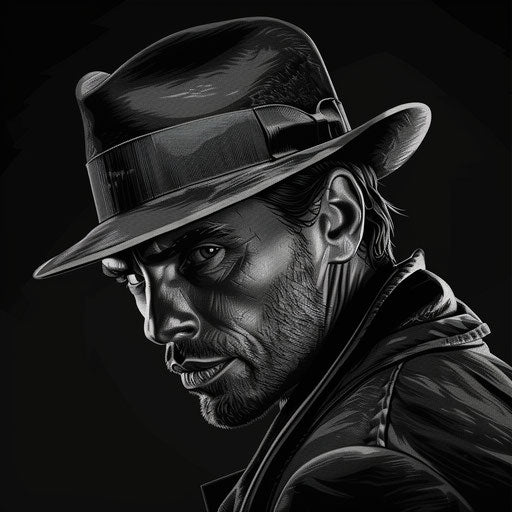 Actor clipart rendered in a realistic style on a flat, dark charcoal background, accentuating dramatic contrast and intricate detail