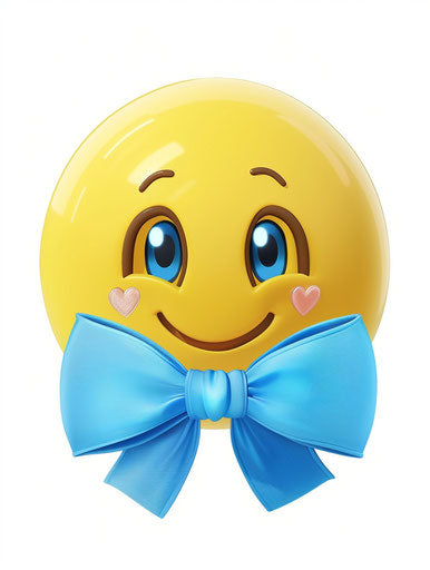Yellow emoji with blue bow, feminine, pretty