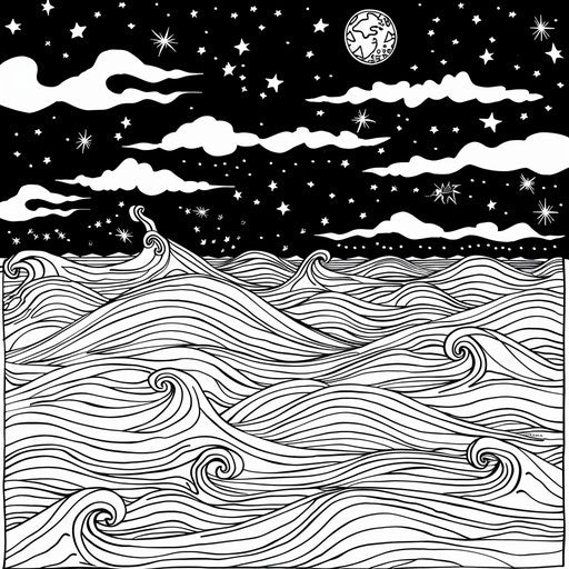 Starry night over a calm ocean. Coloring book page