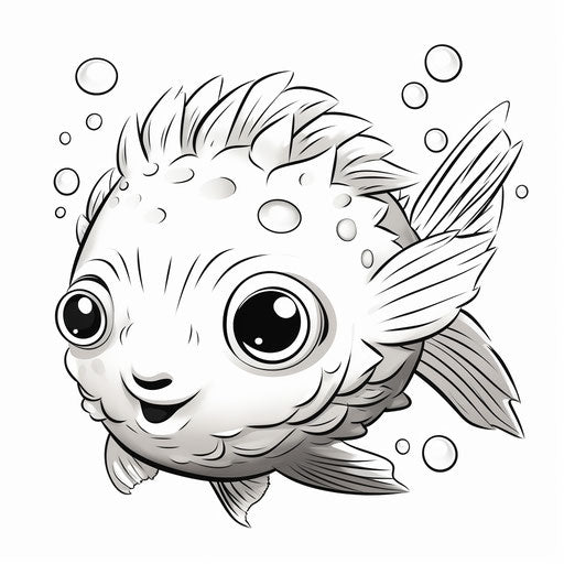Coloring page of a cute little puffer fish with big eyes