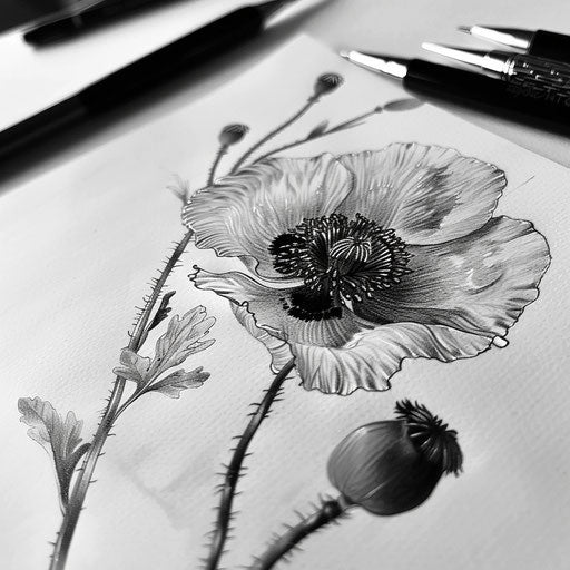 Black and grey poppy tattoo design in realism style