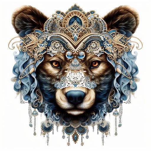 Bear adorned with ornaments, graphic style, white background