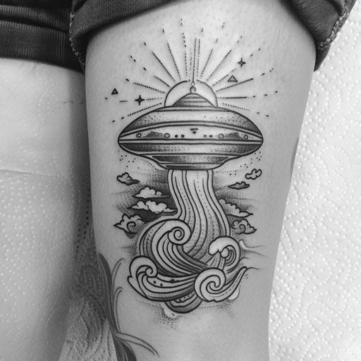 Japanese ink style UFO tattoo with waves and clouds