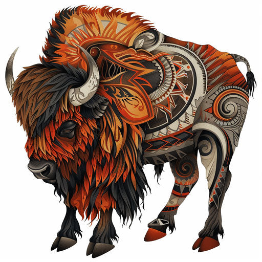 Tribal American Bison Tattoo: Bold Earthy Tones on White