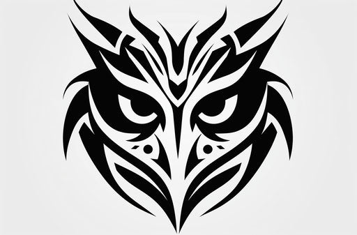 Black and white tribal bird logo, intense and ominous vibe