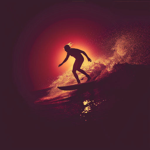 Realistic surfing illustration on rich burgundy background