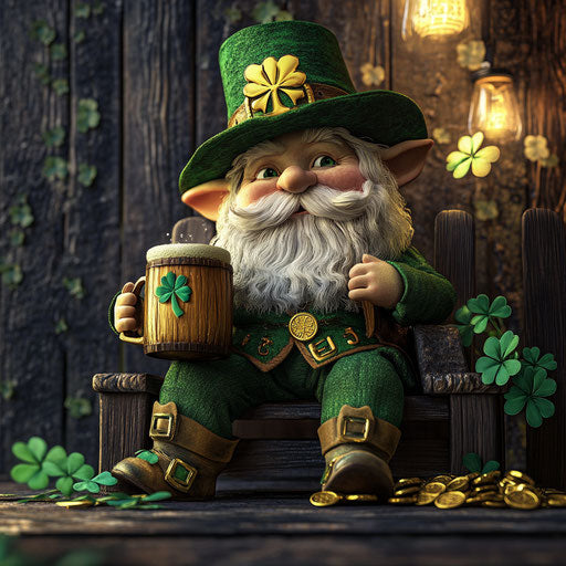 St Patrick's Day Gnome with Green Hat and Cube of Gold
