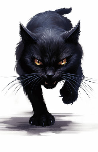 African black cat with toes on white background, supernatural creatures style, energetic frenzy, spirited movement