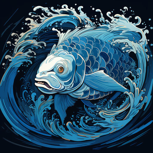 Art print of a blue and white fish in native style