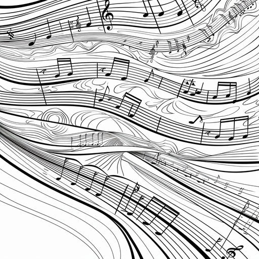 Sheet music with flowing notes and staves. Coloring book page