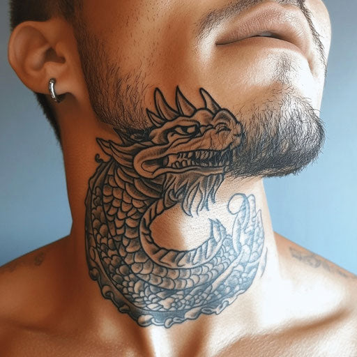 Men's throat tattoos with tribal dragon
