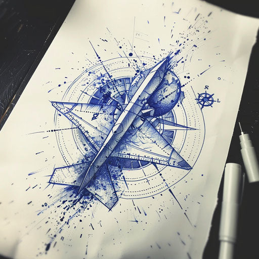 Adventurous tattoo sketch of a paper airplane with compass and globe in navy blue