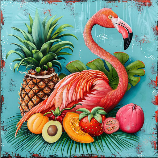 Flamingo delighting in a tropical fruit banquet