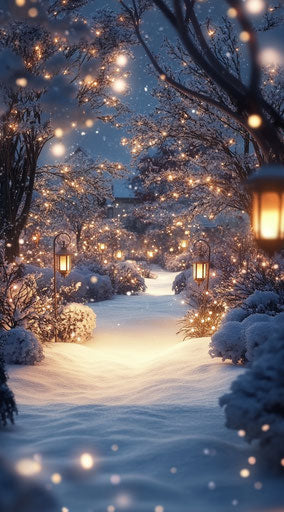 Enchanted snowy garden at night with white lights