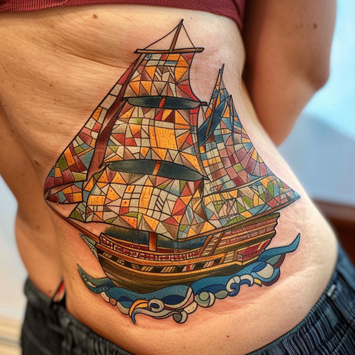 Sketch of colorful mosaic tattoo of a historical explorer ship