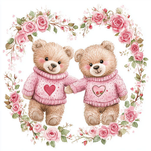 Adorable teddy bear couple in pink sweaters among roses, surrounded by heart-shaped rose wreaths on a white background, perfect for a Valentine's Day card.