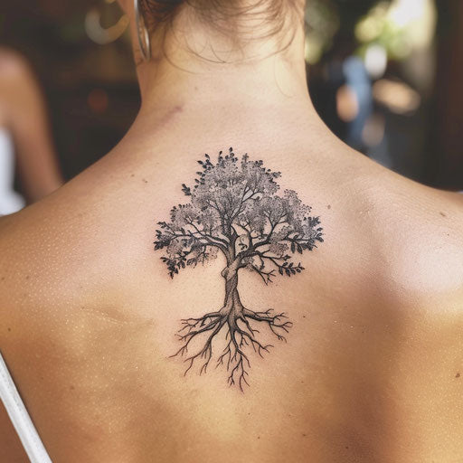 Nature-themed spine tattoo illustration, tree with roots and leaves on white base
