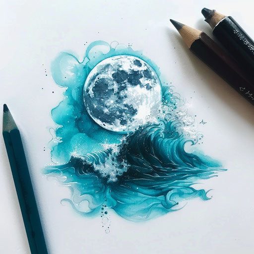 A dreamy flat tattoo sketch of a full moon rising over the ocean, in shades of blue and turquoise