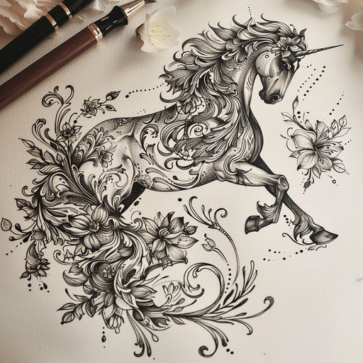 Elegant flat tattoo sketch of a dark horse with ornate Victorian floral patterns