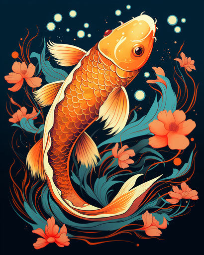 Koi fish swims with flowers, classic tattoo style