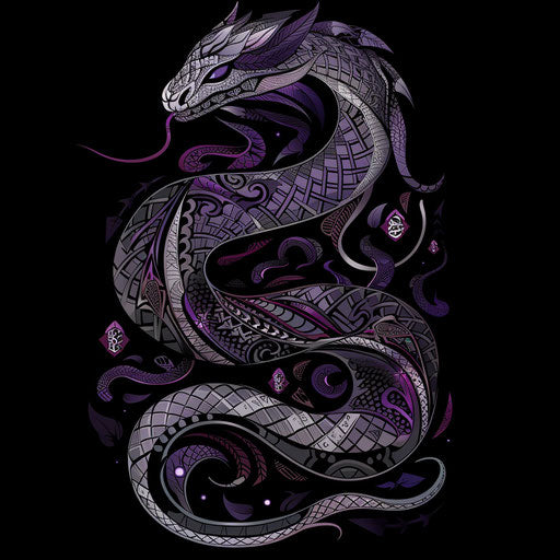 Mystical flat tattoo sketch of a serpent with ancient runes, dark purples and silvers, clipart style