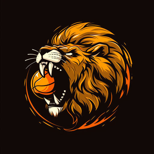 Basketball logo with fierce lion mascot on black background