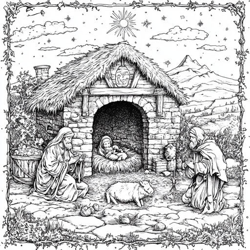 Intricate Nativity Scene, Stephen Wiltshire Style, Coloring Page