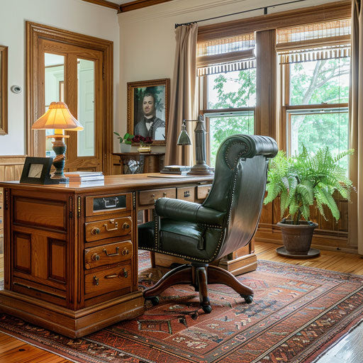 Vintage oak desk and classic green banker's lamp