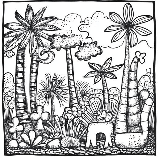 Simple animal-themed plant scene for kids in the style of Stephen Wiltshire, coloring book page